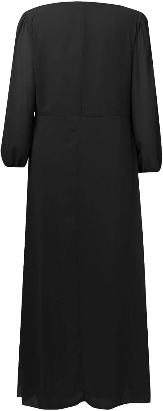 2025 Chiffon lentejurk voor dames, met V-hals, lange mouwen, geplisseerd, A- lijn, midi-lengte, voor bruiloftsgasten, hoodie-jurk dames, zwart, XXL