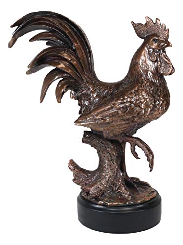Ebros Large Country Western Rustic Decorative Rooster Chicken Statue in Bronze Electroplated Resin Finish with Base Sunshine Crow Rural Barnyard Farmhouse Poultry Hen Kitchen Home Decor Figurine
