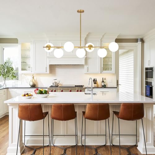 KELUOLY Linear Chandelier for Dining Room, 7-Light Gold Mid Century Pendant Light, 45" Modern Sputnik Kitchen Light Fixture Brushed Brass Finish with White Glass Lampshade for Office, Cafe, bar by KELUOLY - Used condition - Image 2