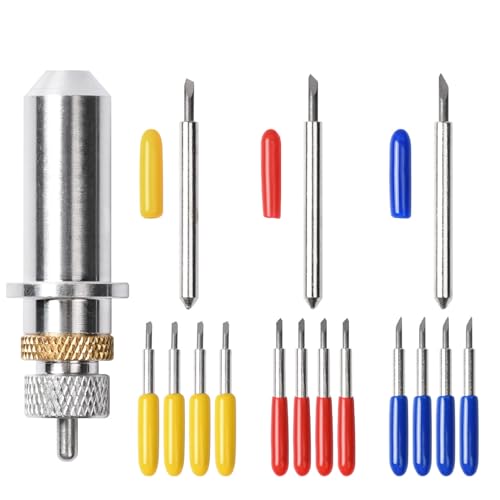 Vinyl Cutter Blades with Blade Holder and Yellow/Red/Blue Cap 30/45/60 Degree, Roland Cutting Knife, Tungsten Steel Lettering Blade, Roland Cutter Cutting Plotter Blade Replacement Cutter Blades 15pcs