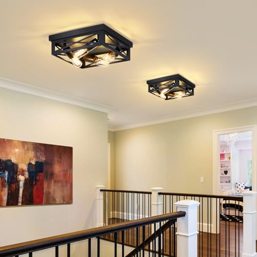 ZHU YAN Farmhouse Ceiling Light Fixture, 2 Pack Square Black Metal Cage Ceiling Lamp for Kitchen Entryway Hallway (4-Light) by ZHU YAN - Used condition - Image 3