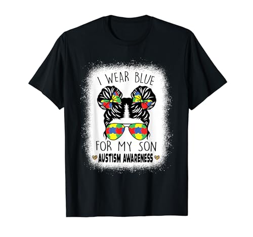 Concienciación sobre el autismo t Mom Messy Bun I Wear Blue For My Son 2024 Camiseta