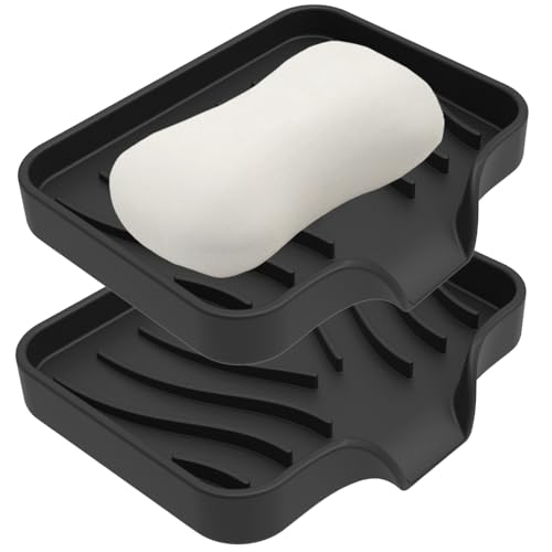 Vekol Soap Dishes with Drain Spout, 2PCS Silicone Soap Holder Waterfall Drainer Soap Saver, Sponge Holder, Dish Soap Tray for Shower, Bathroom, Kitchen, Bath Tub, Razor (Black + Black)