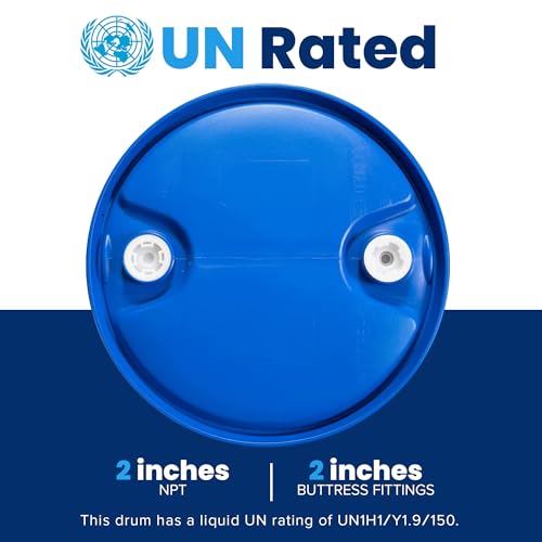 Image of 55 Gallon Blue Tight Head Plastic Drum, BPA Free, UN Rated, 2 inch NPT & 2 inch Buttress Fittings