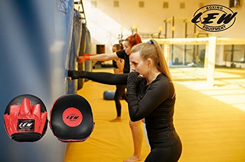 Image of LEW Pre-Curved Genuine Leather Focus Pads for Boxing & Kickboxing Training - Black & Red | Curved Punch Mitts for MMA, Muay Thai, Sparring & Martial Arts Practice (Black & Red)