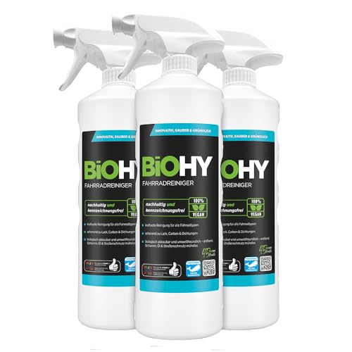 BiOHY Fahrradreiniger (3 x 1 Liter) + Sprühkopf | Hochwirksamer Schaum | biologisch abbaubar | ideal für E-Bikes und alle Fahrräder | Reinigungsspray