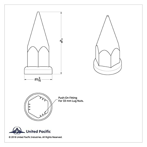 Image of United Pacific 10570 33mm x 4 7 /8 inch Chrome Plastic Super Spike Push-On Nut Covers, 33mm Push-on Lug Nut Fitting, Truck Accessories - Pack of 10