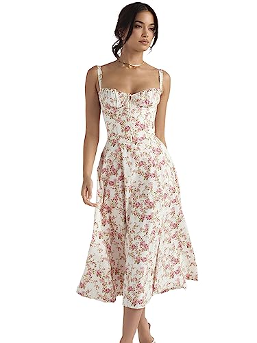 Floral Bustier Midriff Waist Shaper Dress, Print Bustier Sundress Sundresses for Women Slit Long Printed Dress