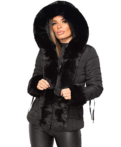 Image of Wulux Womens Ladies Quilted Padded Side Buckle Belted Bubble Faux Fur Trim Collar Hooded Thick Puffer Winter Outwear Parka Coat Jacket Black UK Size 2XL-16