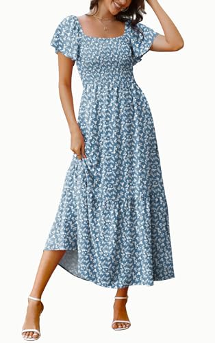 Image of OFEEFAN Summer Dresses for Women Square Neck Ruffle Sleeve Smocked Maxi Dress with Pockets