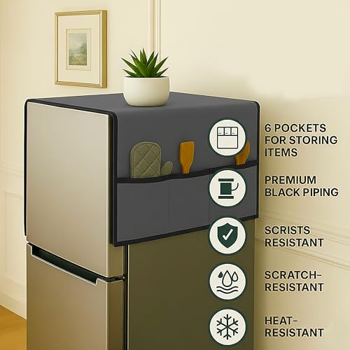 Image of Refrigerator Single Door Waterproof, Dustproof, Refrigerator Top Cover, Protective Cover for Fridges with Extra Storage Space Nylon Top cover with 6 Storage Pockets ( Grey, 130 x 54 cm )