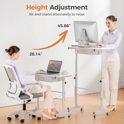 Image of COMHOMA Portable Standing Desk Adjustable Height 30.7 inch-46.4 inch, Standing Desk with Drawers, Mobile Rolling Computer Desk for Home Office Work and Walking Pad Treadmill, Carbon Fiber White
