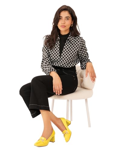 Image of Womens Mid Block Chunky Heeled Loafers Closed Square Toe Patent Leather Comfortable Slip On Pumps Metal Chain Basic Classic Casual Work Office Dress Shoes 2.8 Inches Heels