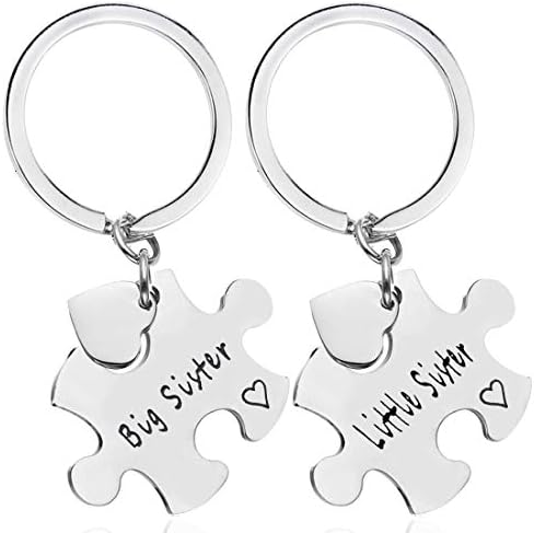 O-Kinee – Set di portachiavi per sorelle, con incisione a forma di pezzo di puzzle, in acciaio inox, colore argento