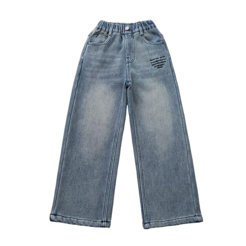 Baggy Straight Jeans for Youth Girls Wide Leg Letter Print Elastic Waist Denim Pants Kids Girls Loose Stretchy Trousers