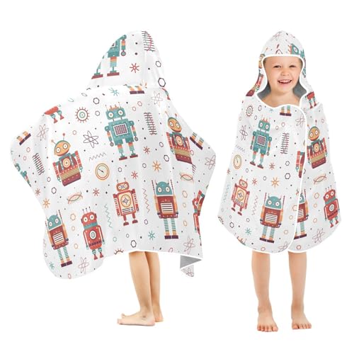 susiyo Kids Hooded Bath Towel Vintage Robots Beach Towel for Kids 23.5 x 50 Inch Microfiber Soft Absorbent Quick Dry Bath Swim Pool Towel Wrap Poncho Bathrobe with Hood for Kids Toddler