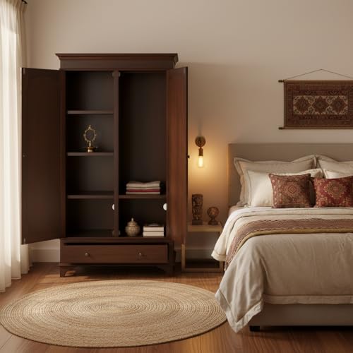 Image of APRODZ Wooden Wardrobe for Bedroom | 2 Door Engineer Wood Wardrobe with 1 Drawer | Wardrobe for Storage, Engineering Wood Clothes Cupboard & Wooden Almirah | Space Saving Wooden Cabinet, Walnut