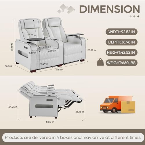 Image of Luxury Home Theater Seating - Power Recliner with Adjustable Headrests, Blue LED Ambient Lighting, Tray Table, USB & Type-C Charging (Pure White,2 Seat)