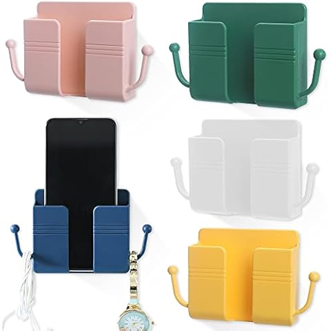 5PCS Wall Mounted Mobile Phone Holder with Hook, Multifunctional Storage for Remote Controls & Charging Cables at the Bedside, Lightweight & Durable Cover