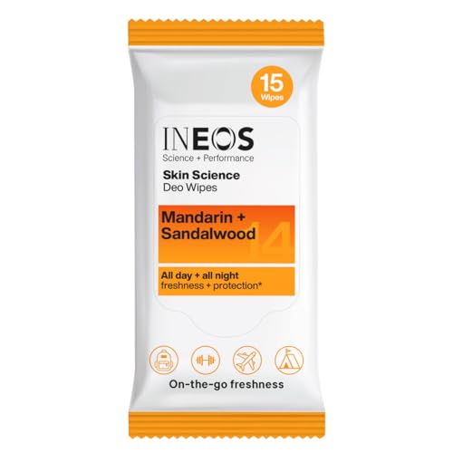 INEOS Skin Science Deo Wipes - 15 wipes - All Day + All Night Freshness + Protection -Mandarin + Sandalwood - On-the-go Freshness - With SkinActiv Cooling Tech - Plant Powered