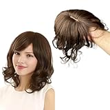 AYunhe Curly Wavy Human Hair Topper for Women Clip in Human Hairpieces with 3D Bangs Fringe Hair Extensions 35cm Mid Part Hair Toupee (Light Brown)