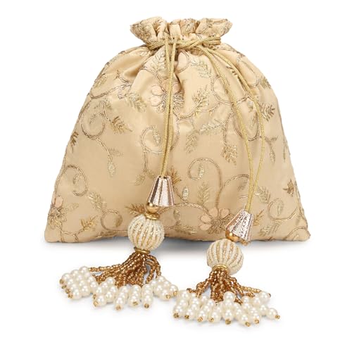 Image of LONGING TO BUY Indian Embroidered Pearl Potli Bag For Women, Sequence Design with Tassel, Wedding Potli Bags