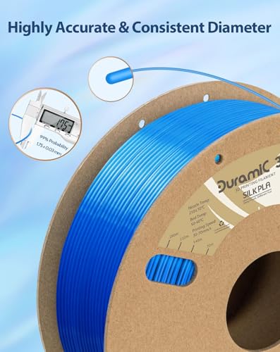 Image of DURAMIC 3D Silk PLA Filament Pure Shinny High Gloss Finish 1.75mm | 3D Printing Filament with Cardboard Spool,No-Tangling Neatly Wound Dimensional Accuracy 99% + /- 0.03mm 1KG Silk Blue
