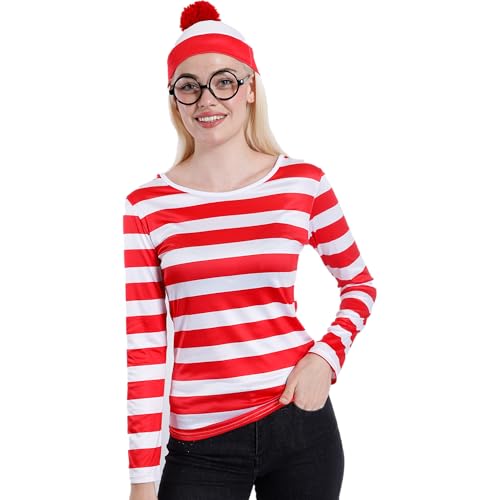 Carnavalife Disfraz Wally con gafa y gorro donde esta waldo disfraz hombre mujer unisex Carnaval Halloween Veneciana Gondola (L/XL, Mujer)