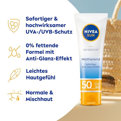NIVEA SUN UV Gesicht Mattierender Sonnenschutz LSF 50 (50 ml), nicht fettende Sonnencreme für das Gesicht, sofort wirksame Sonnenmilch mit leichter Textur