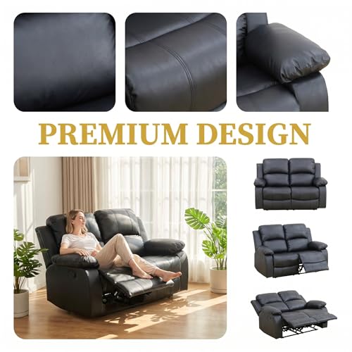 Image of Leather Recliner Loveseat Set, Comfortable Power Leather Sectional Set with USB Charging Port, Modern Ergonomic Spacious Sectional Couch for Living Room, Apartment, Home Theater, Black