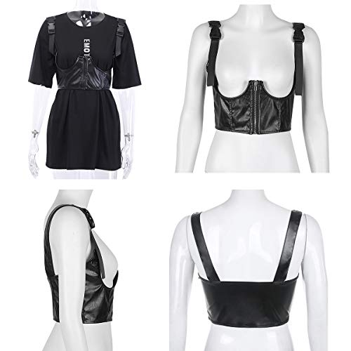 Women's Pu Leather Bustier Crop Top Gothic Punk Buckle Tank Tops Camisole Corset For Club Party Festival Rave Outfit Black #TOP4