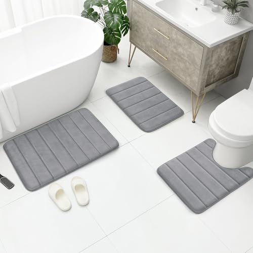 BYSURE Grey Memory Foam Bathroom Rug Set 3 Piece Non Slip Extra Absorbent Shaggy Bathroom Mats and Rugs Sets, Soft & Dry Bath Mat Sets for Bathroom Washable Carpets Set by BYSURE - Used condition - Image 5