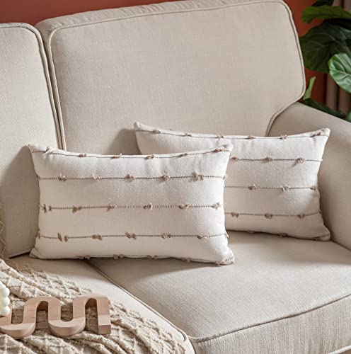 Caflife Boho Throw Pillow Covers 12x20 inches Beige and Natural, Set of 2 Modern Farmhouse Decorative Pillow Covers for Couch Bed, Living Room