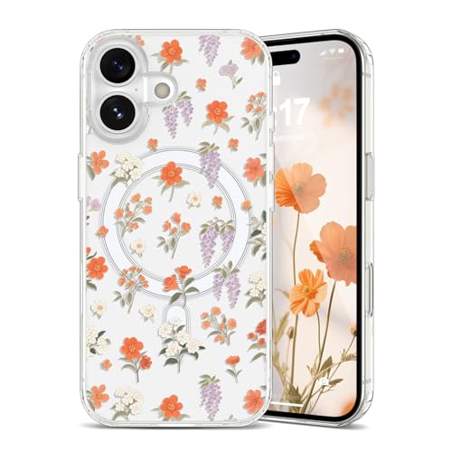 Étui transparent iPhone 16 Plus Magsafe motif floral orange idée cadeau pour fille