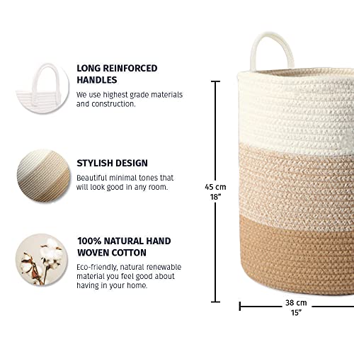 Image of OrganiHaus Large Cotton Rope Blanket Basket - Woven Laundry & Toy Storage Basket, 38x45cm, Honey