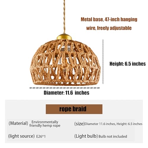 12" Boho Jute Pendant Light,Handwoven Natural Hanging Lamp Wicker Ceiling Hanging Light Fixture for Bedroom Living Room Kitchen Island,Brown Basket Shape Hemp Rope Chandelier Lighting Rattan Fixture by Liudefa - Used condition - Image 9
