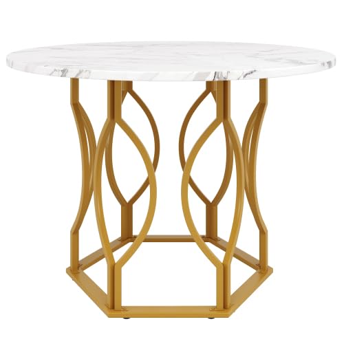 Tavolo da pranzo rotondo 100 cm con struttura in metallo dorato, tavolo da cucina rotondo con piano in marmo bianco in MDF, tavolo da pranzo per 4 persone con piedini regolabili, bianco/oro
