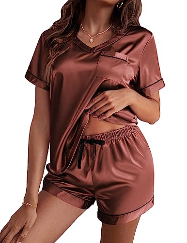 Image of Ekouaer Silk Pajama for Women Short Sleeve Satin Pj Set Two Piece Soft Sleepwear Loungewear S-XXL