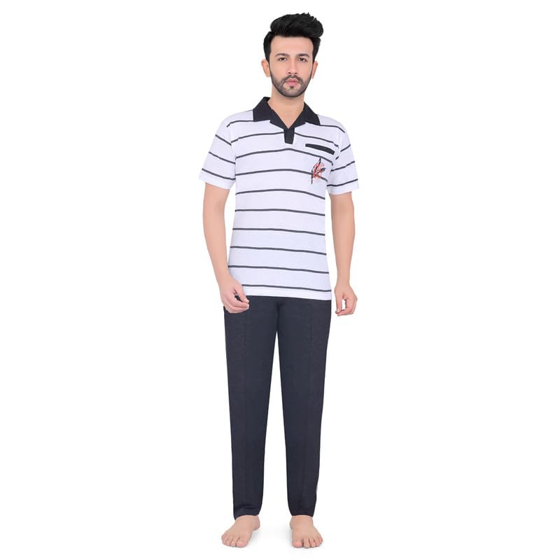 INTER CREATION Cotton Blend Night Suit Co-ord Set for Men with Half Sleeve T-Shirt and Track Pant
