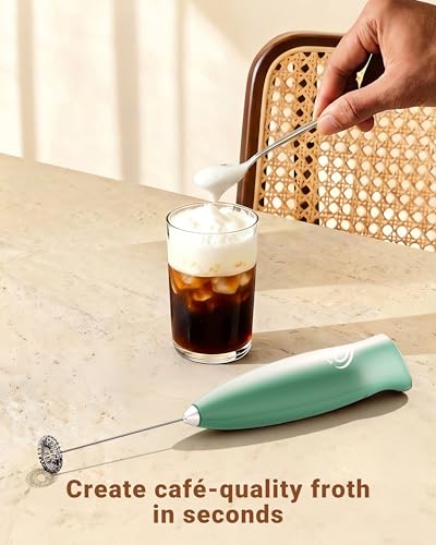 Image of Milk Frother With Stand Milk Frother Wand Coffee Frother Handheld Drink Mixer Handheld with 2 Whisks Electric Whisk Stirrers Electric Milk Frother for Coffee Mixer Wand-Green