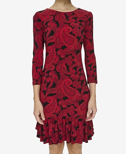 Image of Tommy Hilfiger Women's 3 /4 Sleeve Crew Neck Double Ruffle Hem Jersey Shift Mini Dress