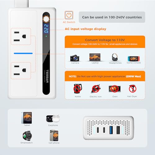 Image of TESSAN 220V‑110V Voltage Converter, Travel Adapter 250W | 4 USB Ports(QC3.0 & PD36W), EU UK AU IT India International Adaptor