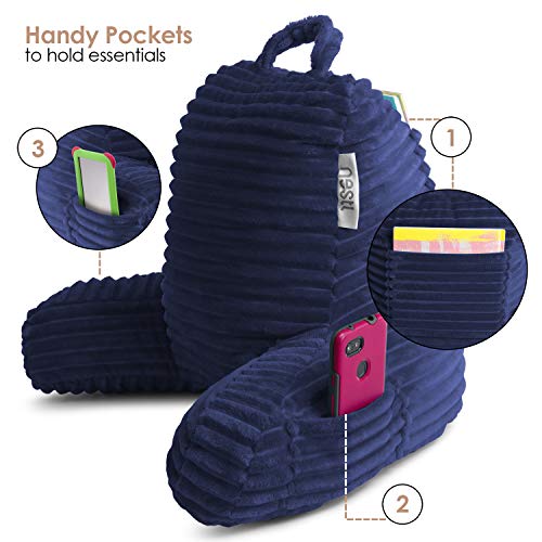 Image of Nestl Navy Blue Reading Pillow with Bed Desk for Laptop and Writing, Luxe Cut Plush Back Pillow for Sitting Up, Back and Arms Adjustable Support for Kids and Teens, Foldable Lap Desk for Bed 19x11 inch