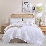 JANZAA Comforter Set Full Size White Comforter Set Ruffled Soft Vintage Farmhouse Bed Set Fluffy 3PCS Shabby Chic Bedding with 2 Pillowcases