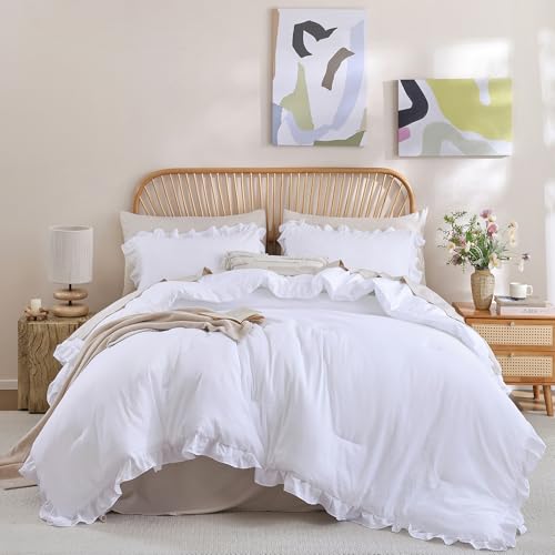 JANZAA Queen Comforter Set White Comforter 3PCS (1...