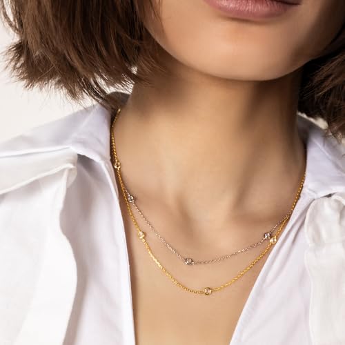 KISPER 925 Sterling Silver Station Necklace for Women CZ Cubic Zirconia Diamond by The Yard Bezel Set Chain 14K Gold Plated Layering Jewelry 15"+3"2