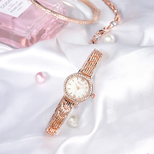 Clastyle Rose Gold Watch And Bracelet Set For Women Elegant Rhinestone Slim Wrist Watch With 2 Bangles Mother Of Pearl Ladies Bracelet Watches Gift #TOP2