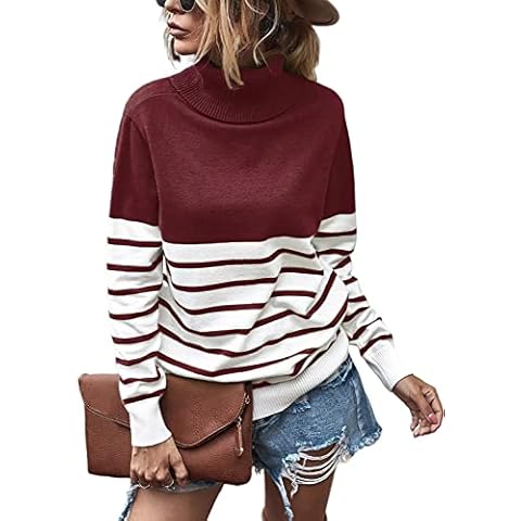 TOMEEK Womens Turtleneck Sweater Striped Jumper Long Sleeve Casual Knitted Pullover Top, Wine red, Size M Cover