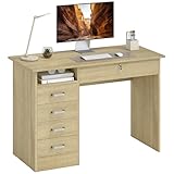 HOMCOM Bureau Informatique Table d'ordinateur avec Grand Plateau, 5 tiroirs, 1 Compartiment Ouvert, tiroir verrouillable, Moderne 110 x 50 x 76 cm, chêne