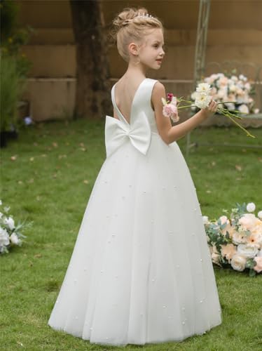 MCieloLuna Elegant Flower Girls Satin Tulle Princess Pageant Dress for Wedding Kids A-Line Pearls Ball Gowns with Bow2
